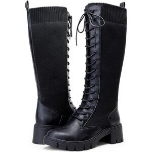 Women's Black 953 Chunky Platform Heel Lace Gothic Knee High Combat Boots